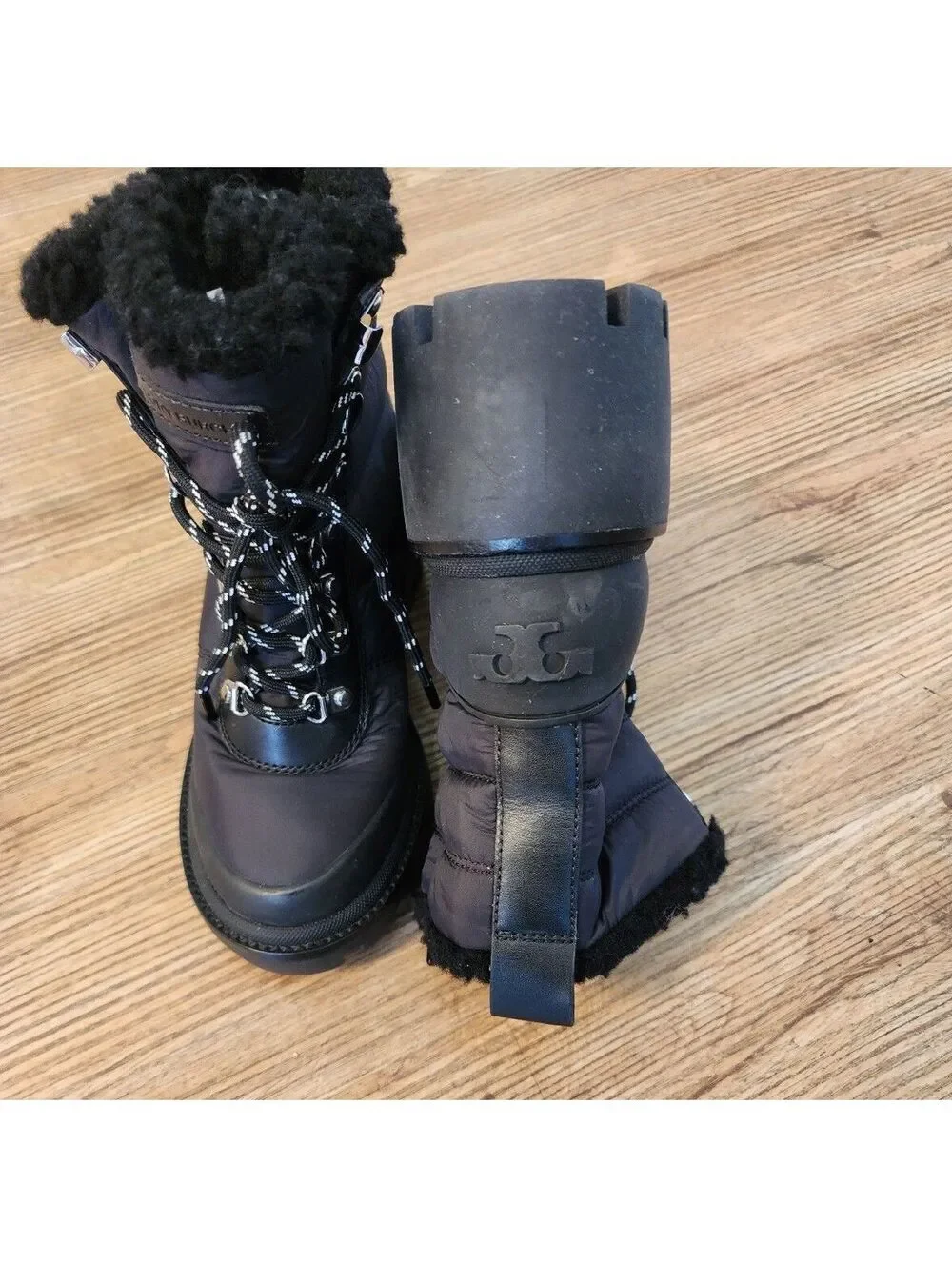 Size 5. Tory Burch Black Quilted Lace-Up Winter Boots with Shearling Lining,